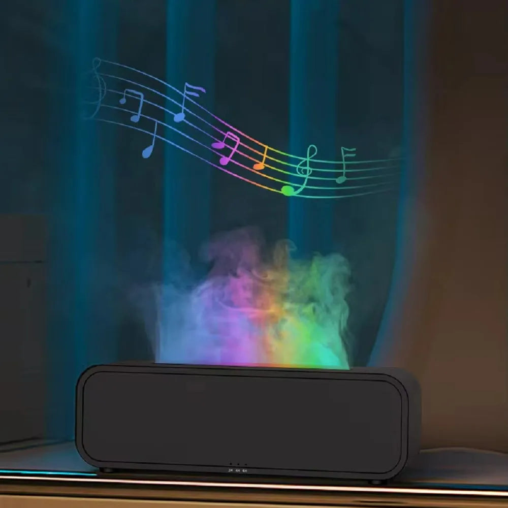 Flame dynamic aroma diffuser with remote control showing colour-changing LED lights