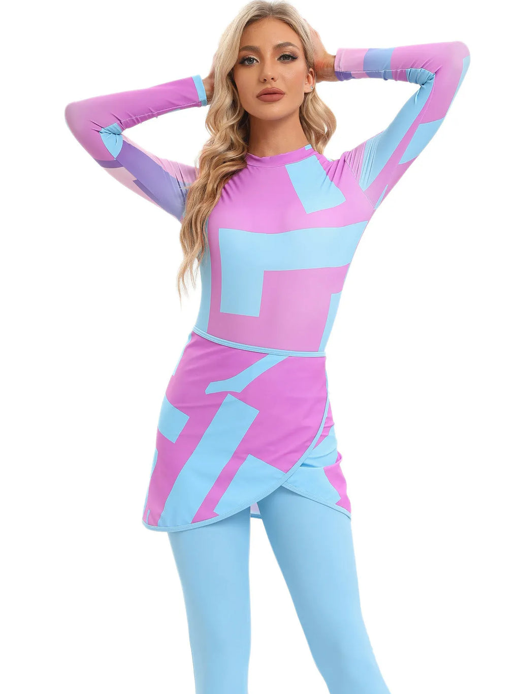 Muslim conservative beach swimsuit three-piece set with long sleeves and matching apron in polyester fabric