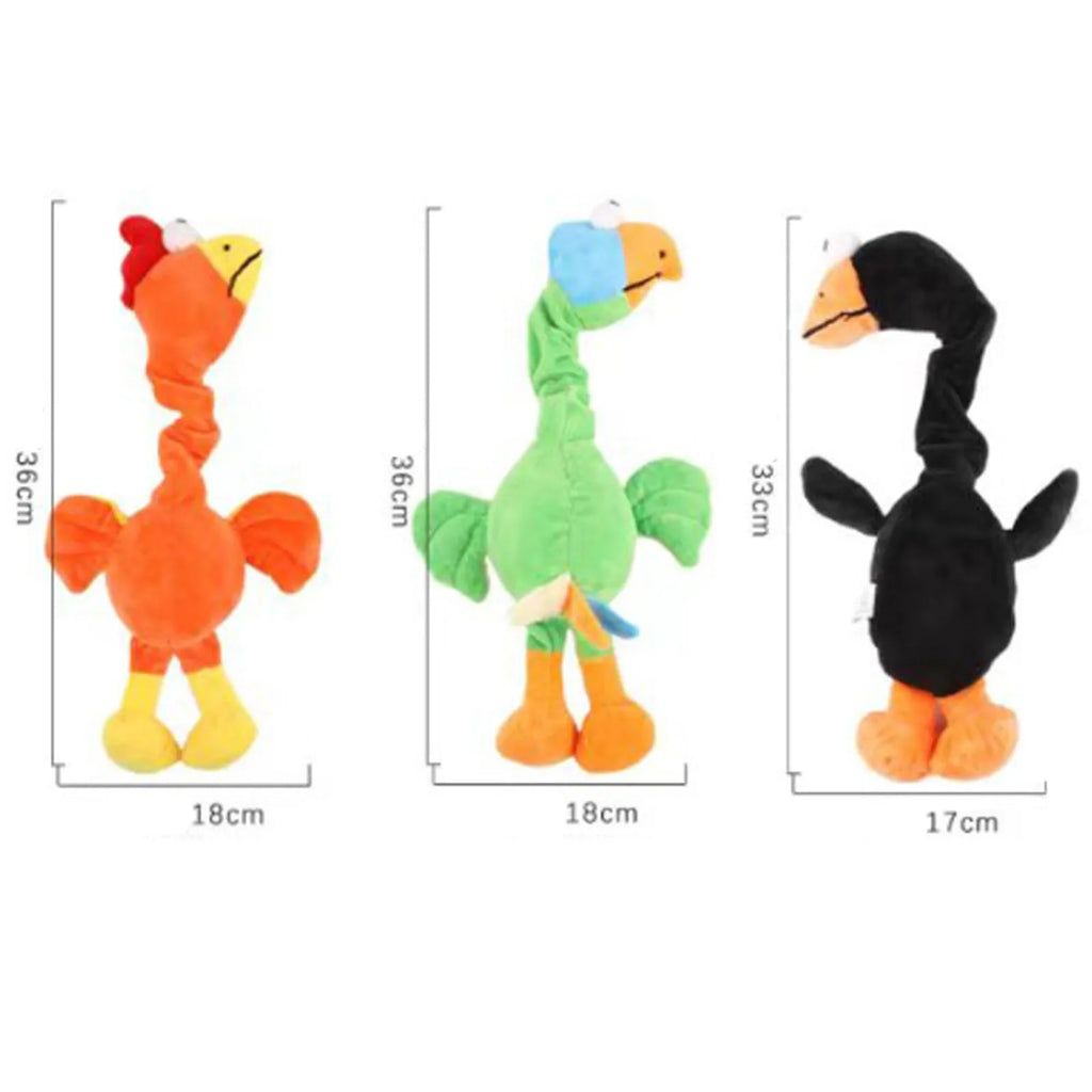 Bite-resistant screaming chicken sound squeaky dog toy in black, green, and orange.