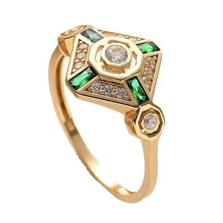 Women's emerald diamond square ring with gem setting and electroplating finish in green colour
