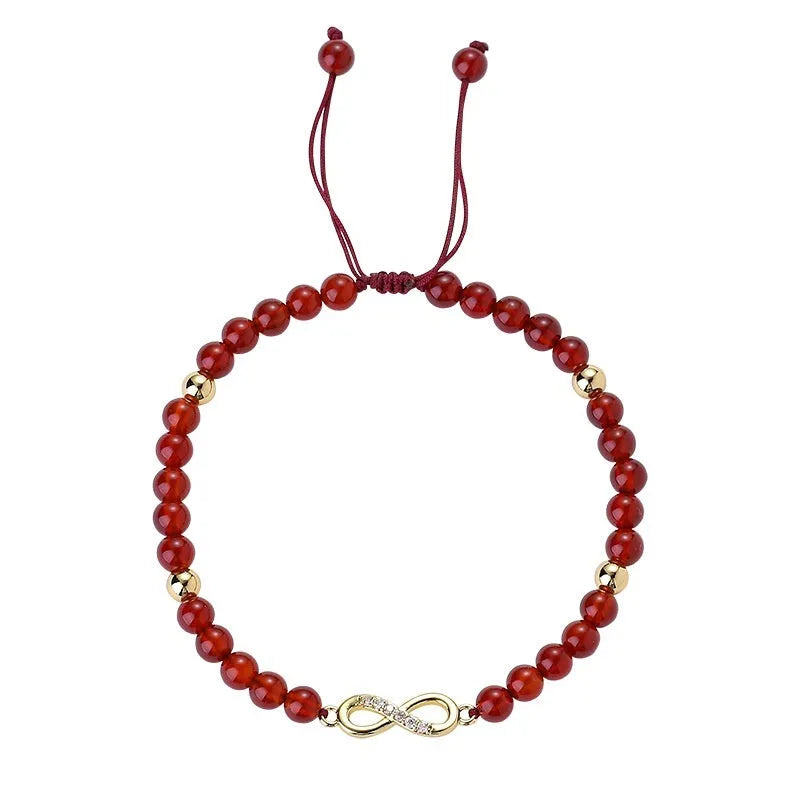 Natural red agate hand-woven bracelet showing diamond-shaped beads in ethnic woven pattern