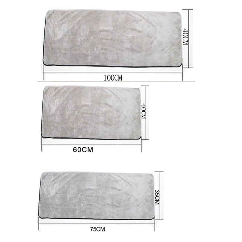 Three size options of a blue microfiber car wash and drying towel laid flat.