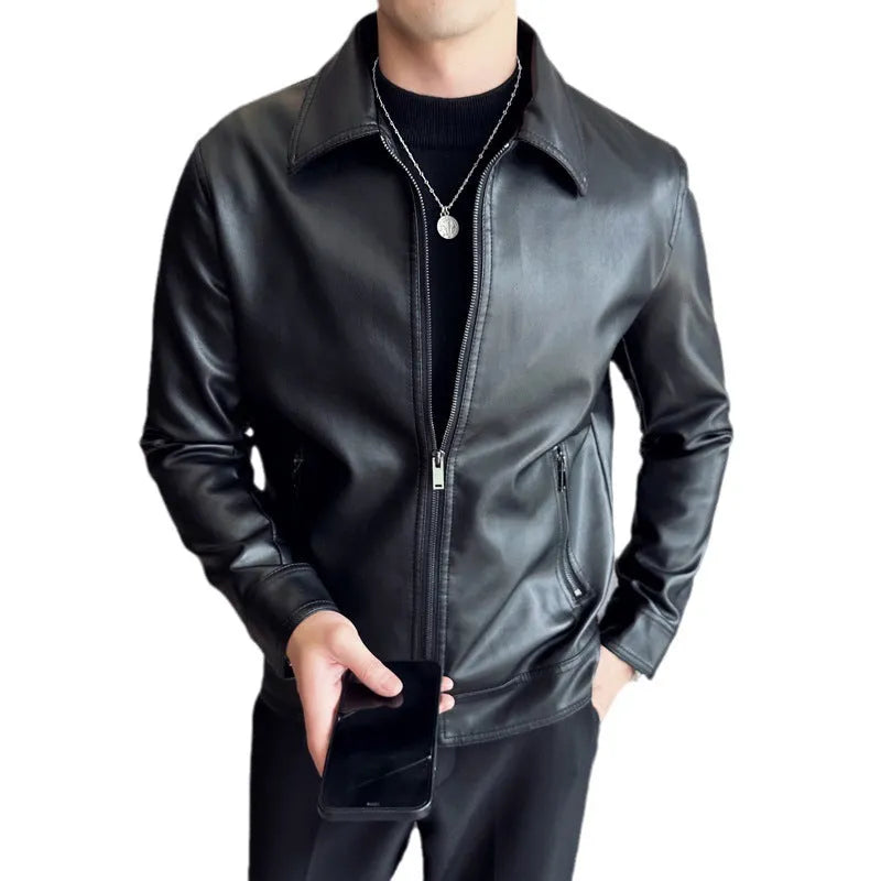 Men's solid black PU leather casual jacket with zipper pockets on a model.
