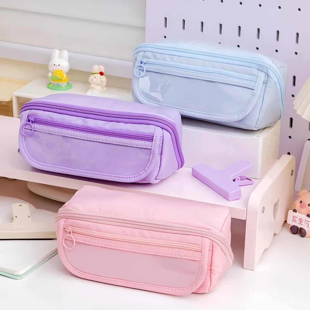 Korean style canvas pencil case with 10-layer flip design open showing multiple compartments