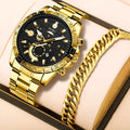 Men's gold business calendar quartz watch with stainless steel strap and 10mm thickness