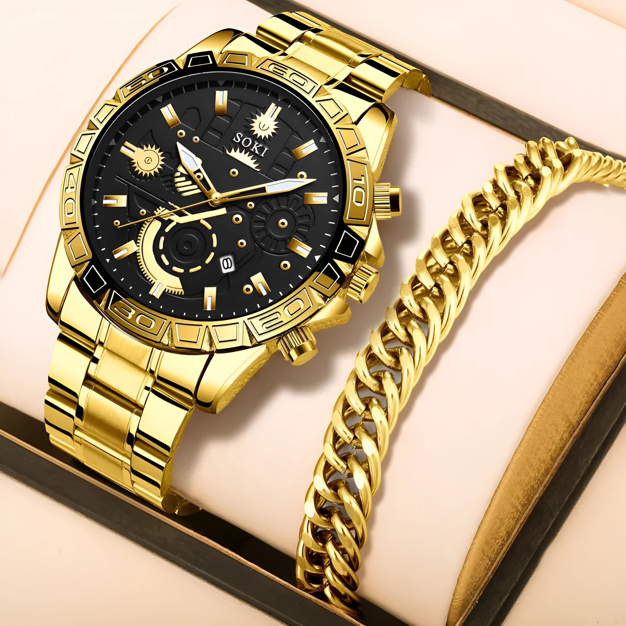 Men's gold business calendar quartz watch with stainless steel strap and 10mm thickness