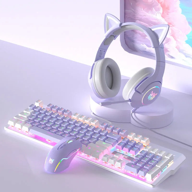 Purple mechanical keyboard and mouse gaming set with backlight and matching headphones