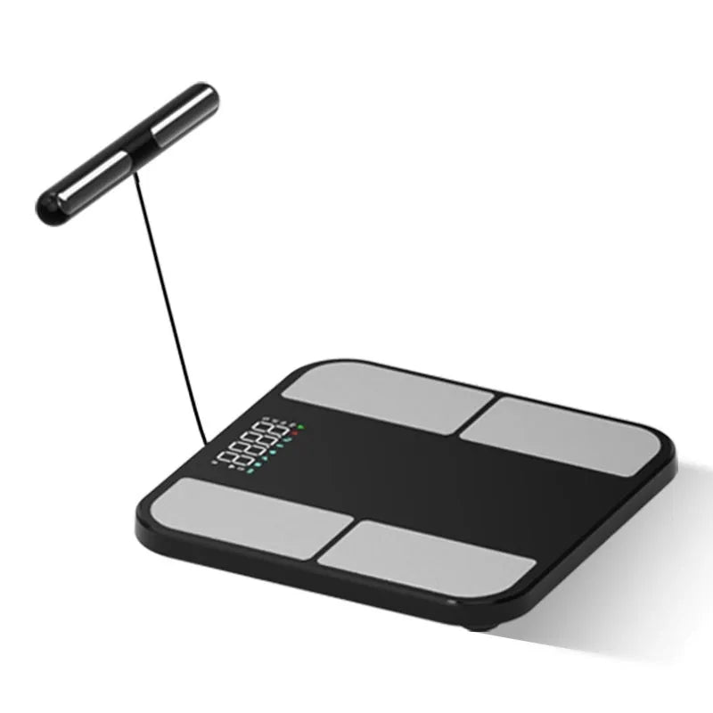 Black electronic body fat scale with colour screen display on tempered glass platform