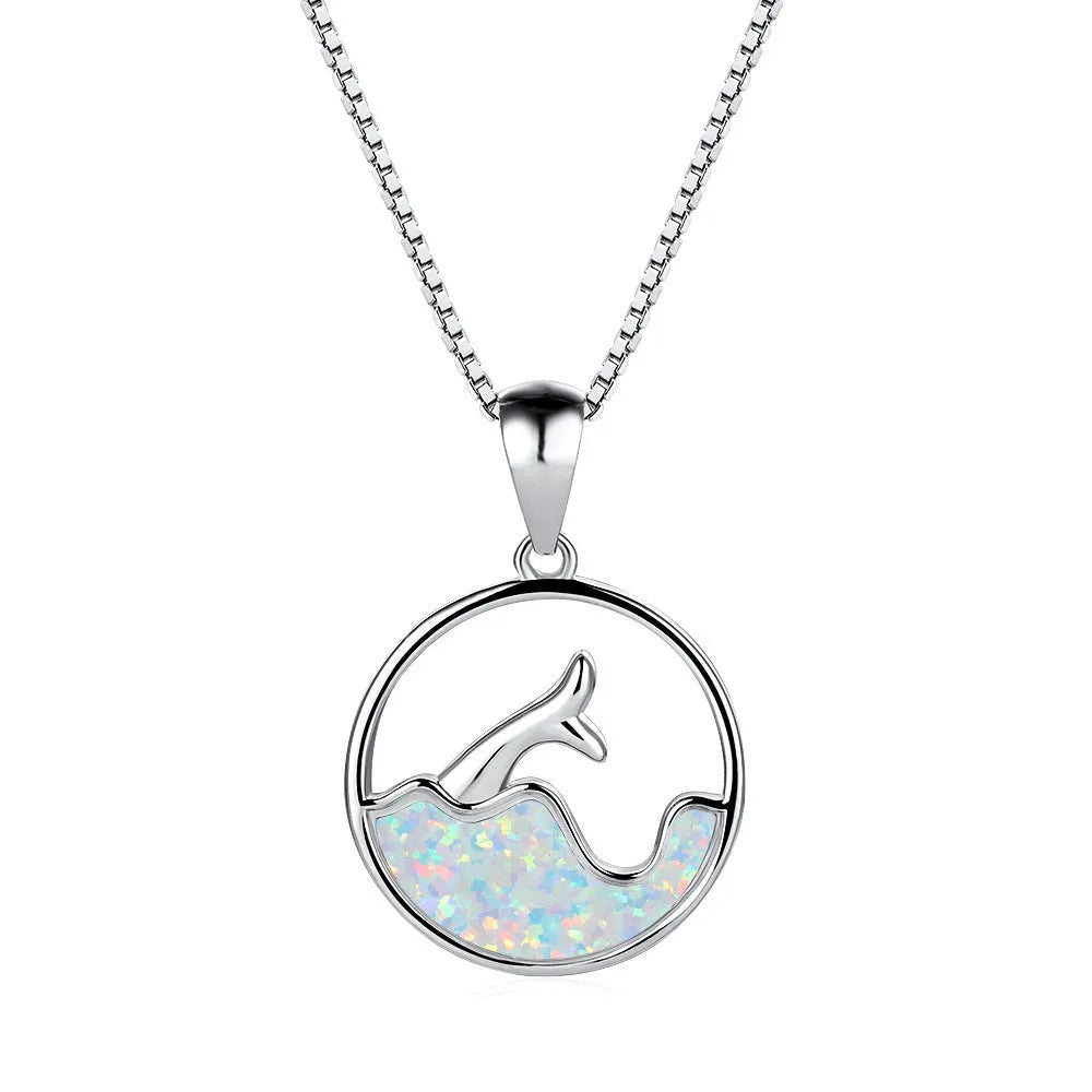 Copper electroplated fishtail necklace with round genuine opal pendant in blue or white colour