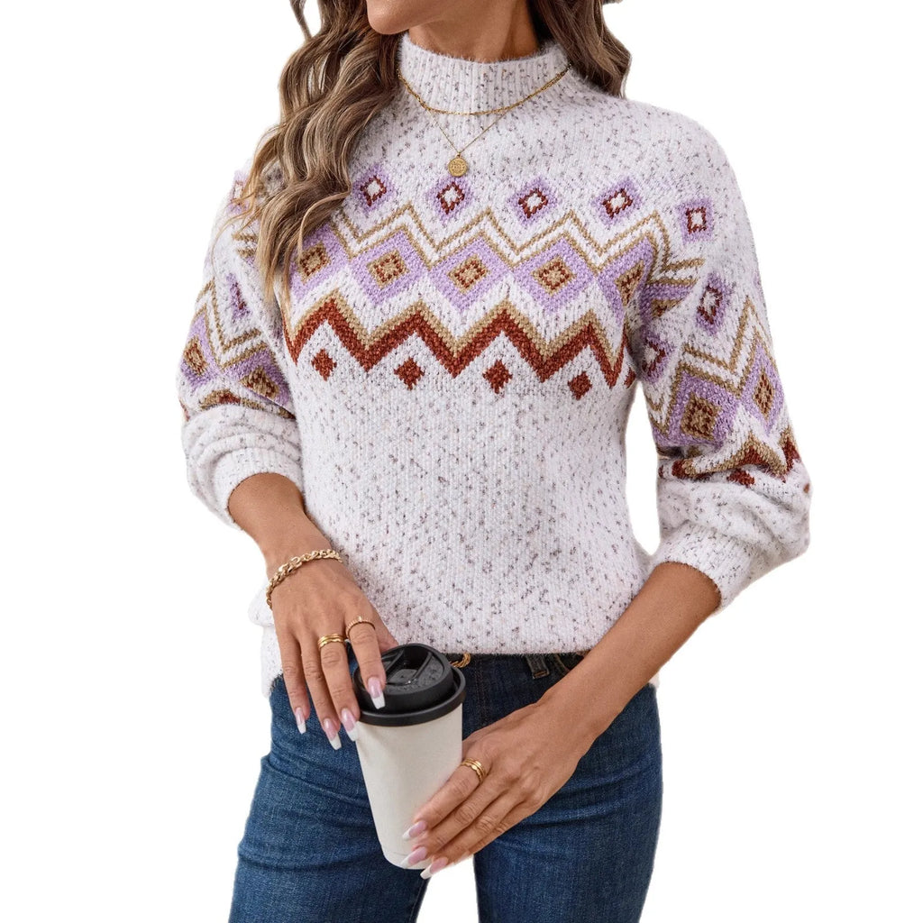 White geometric pattern half turtleneck loose sweater with long sleeves
