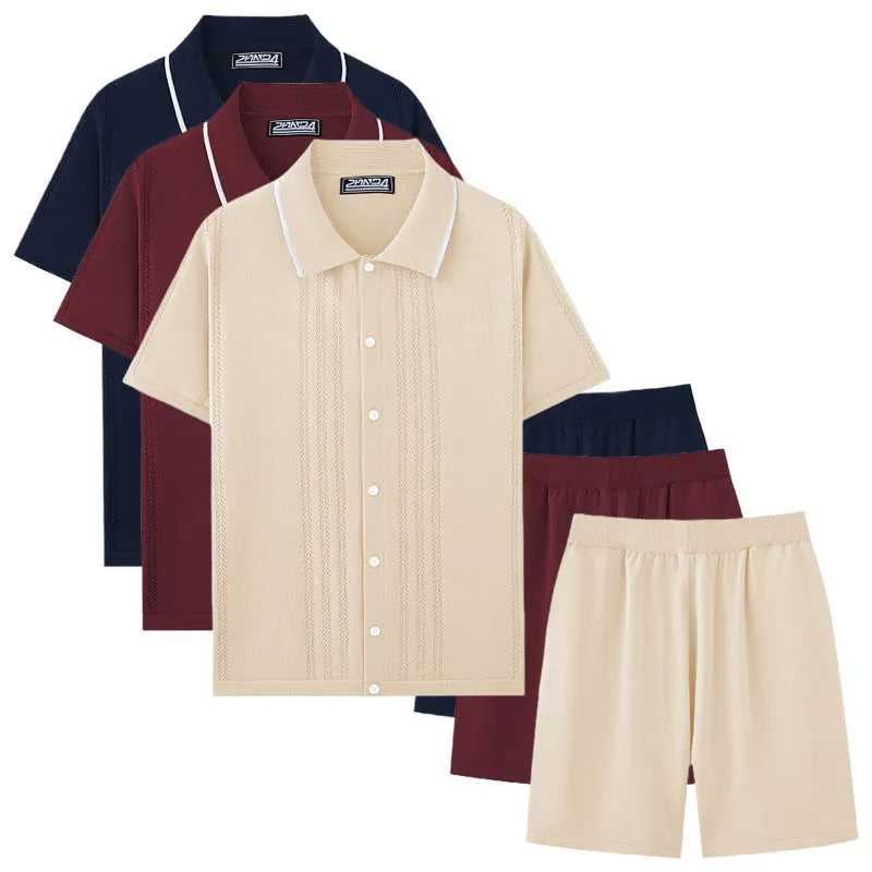 Men's khaki Tencel viscose business casual set with short sleeve top and matching shorts