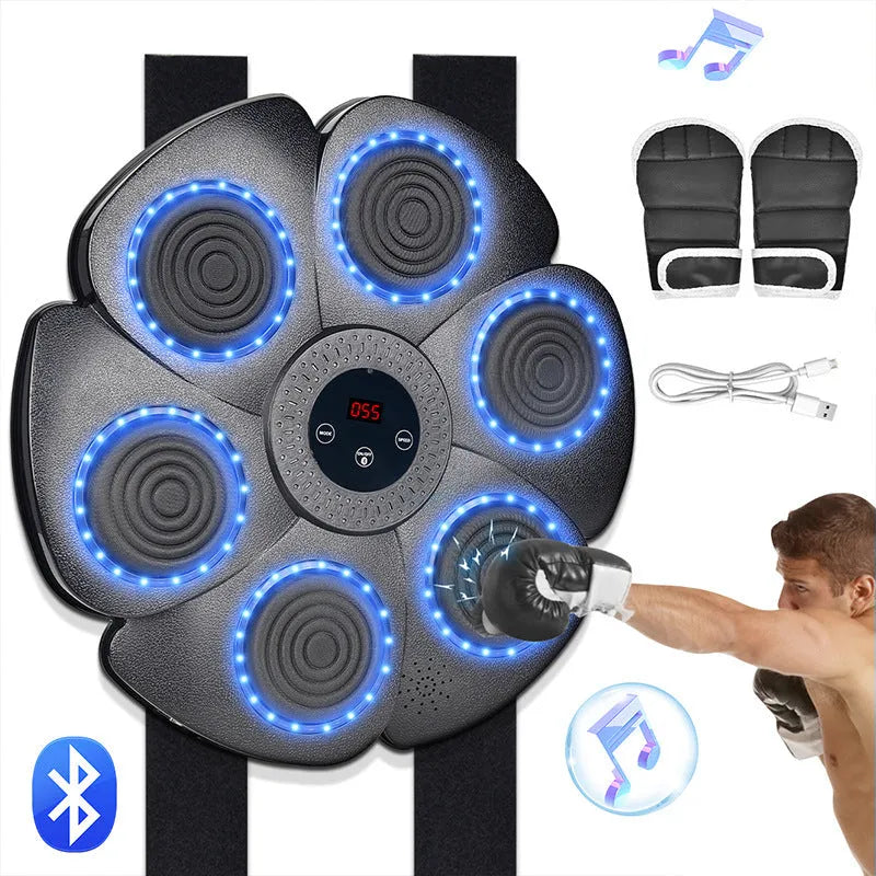 Smart music boxing machine with black plastic target, LED lights, and half-finger boxing gloves