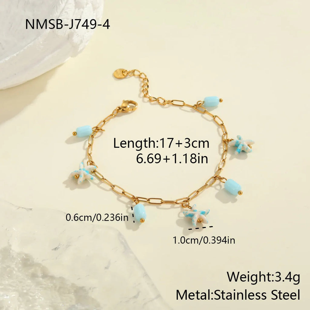 Colourful starfish stainless steel necklace and bracelet set in blue on white background