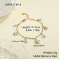 Colourful starfish stainless steel necklace and bracelet set in blue on white background