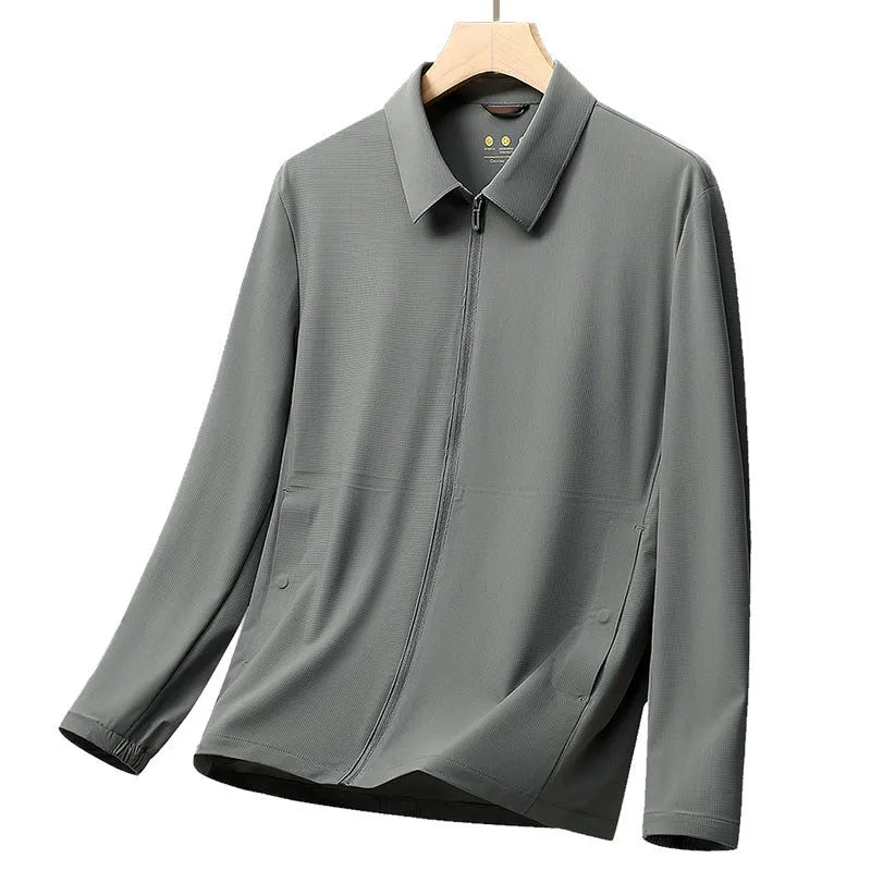 Men's navy blue summer business coat with lapels, ice silk fabric, and regular fit for office wear