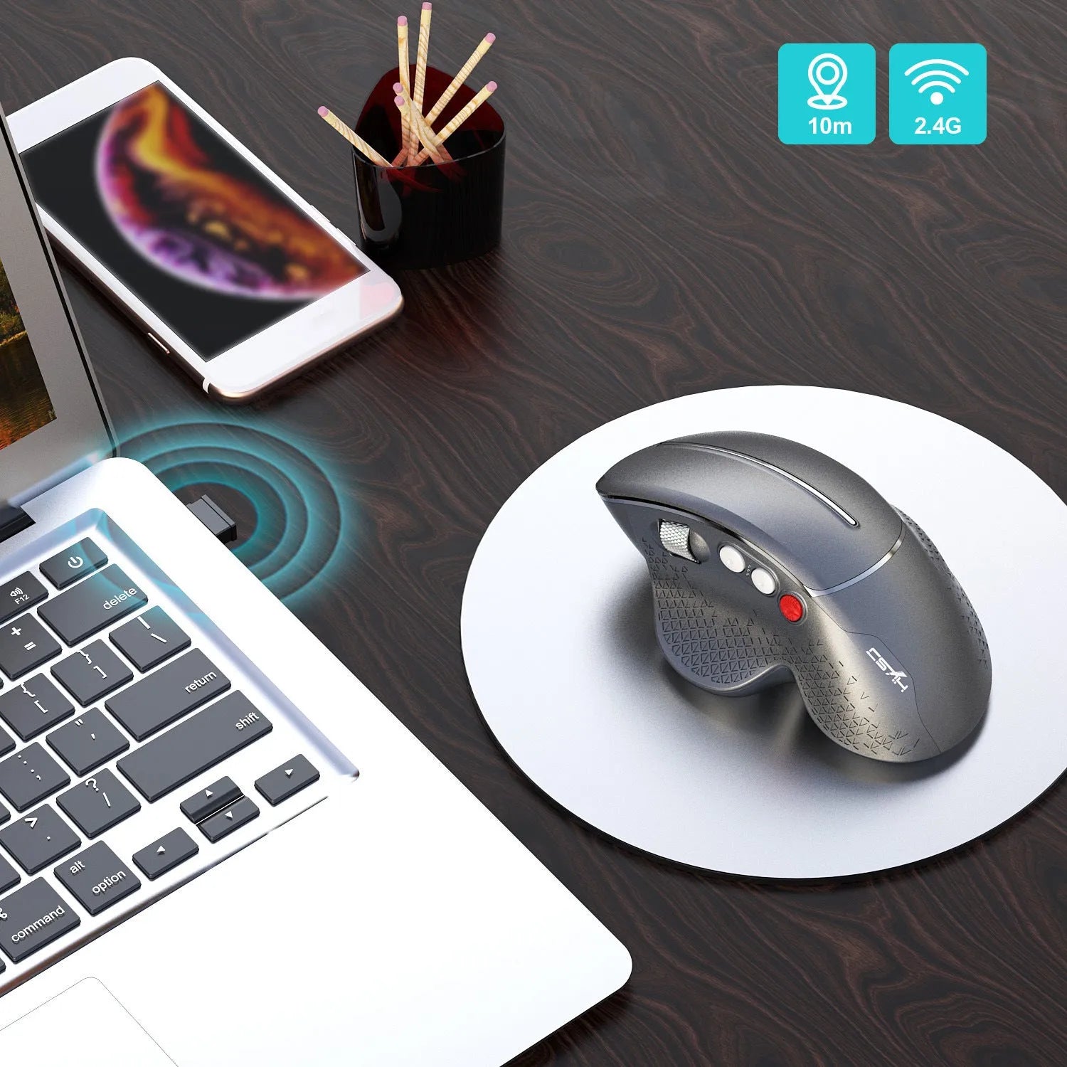 T32 Wireless Vertical Mouse in black or silver with aluminium side roller on desk