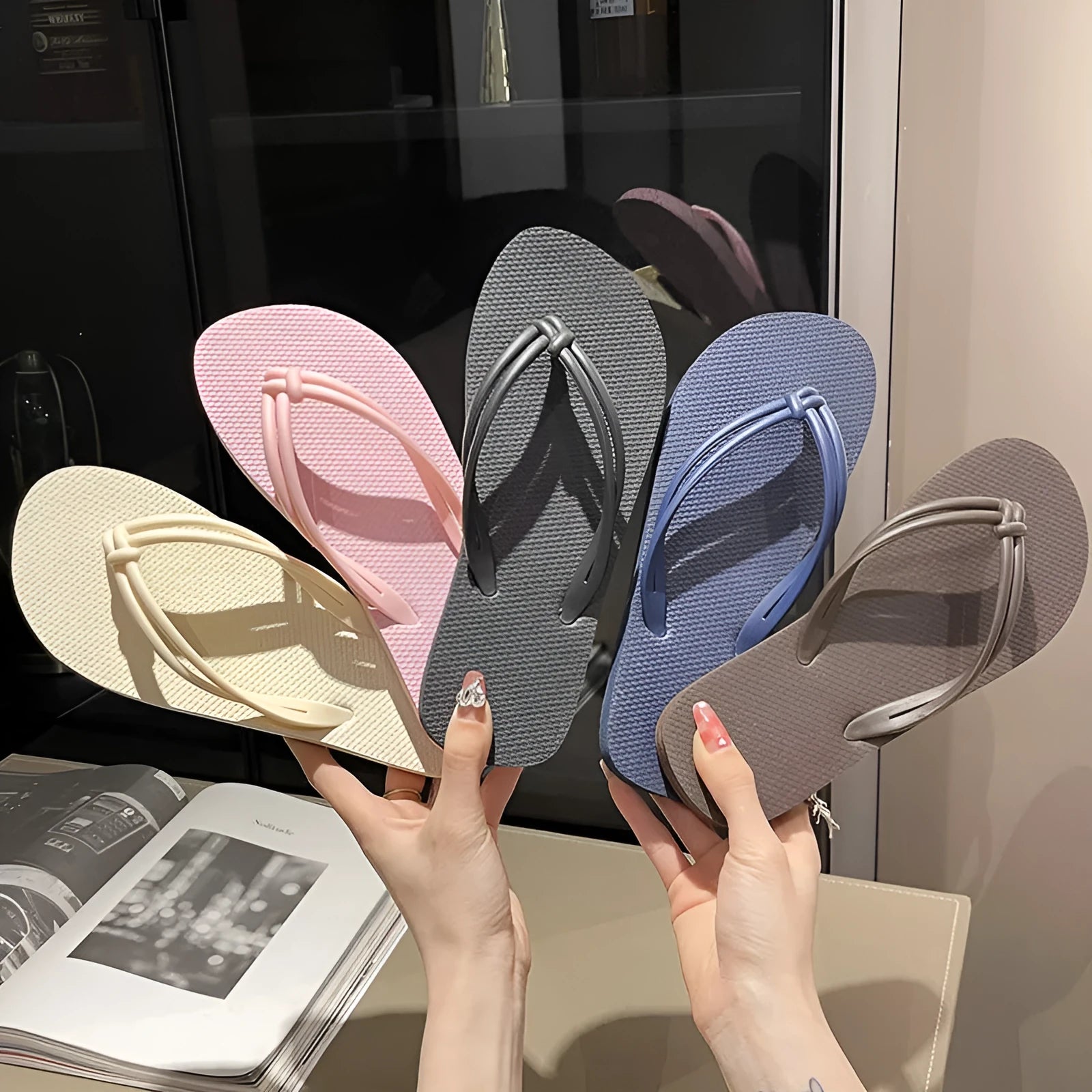 Women's casual PVC flip flops with toe covering style and injection moulded non-slip sole in multiple colour options.