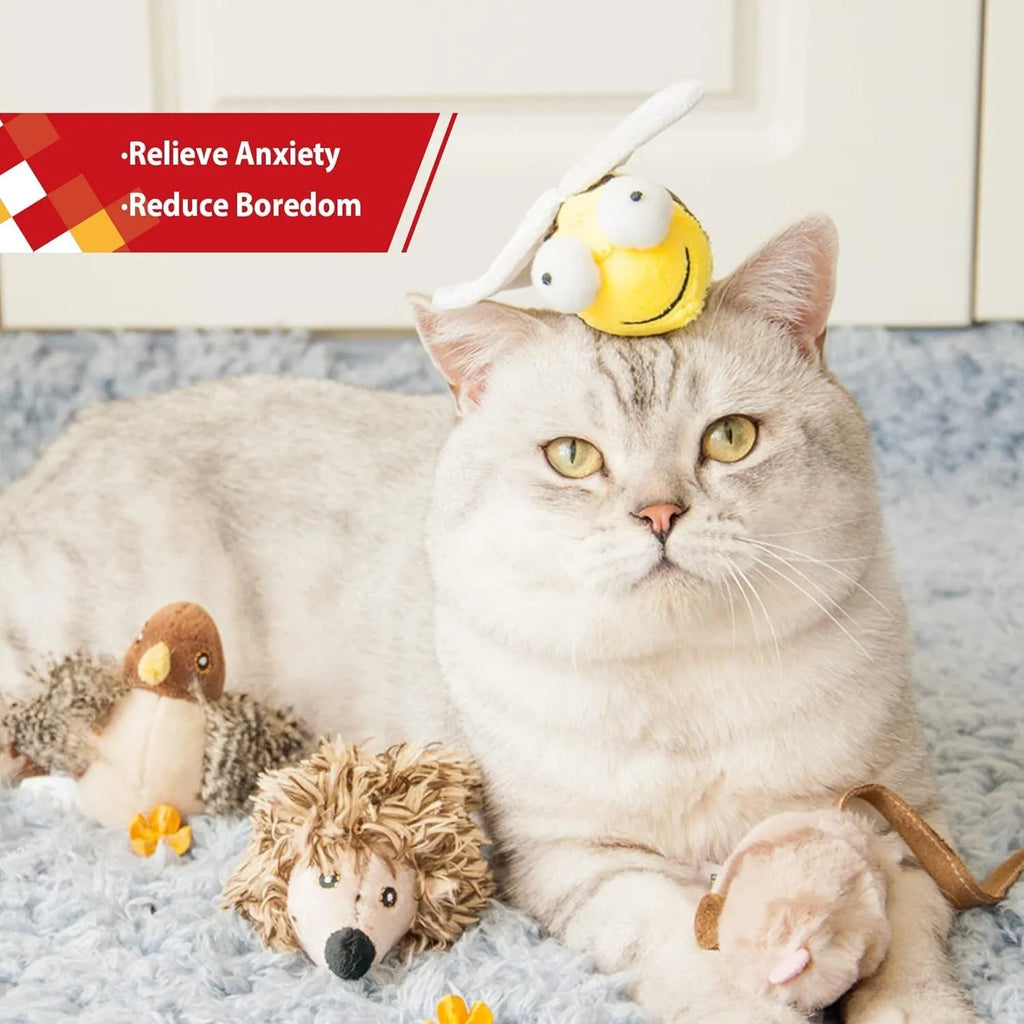 Yellow bee-shaped electronic cat toy with motion-activated chirping function for interactive play