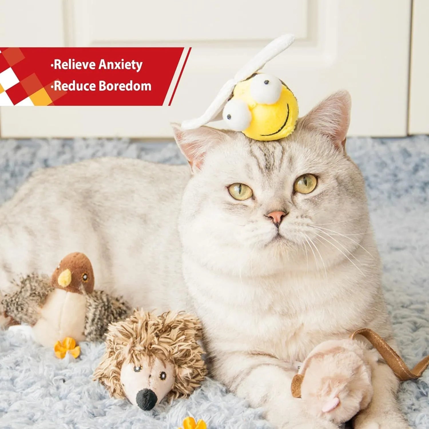 Yellow bee-shaped electronic cat toy with motion-activated chirping function for interactive play