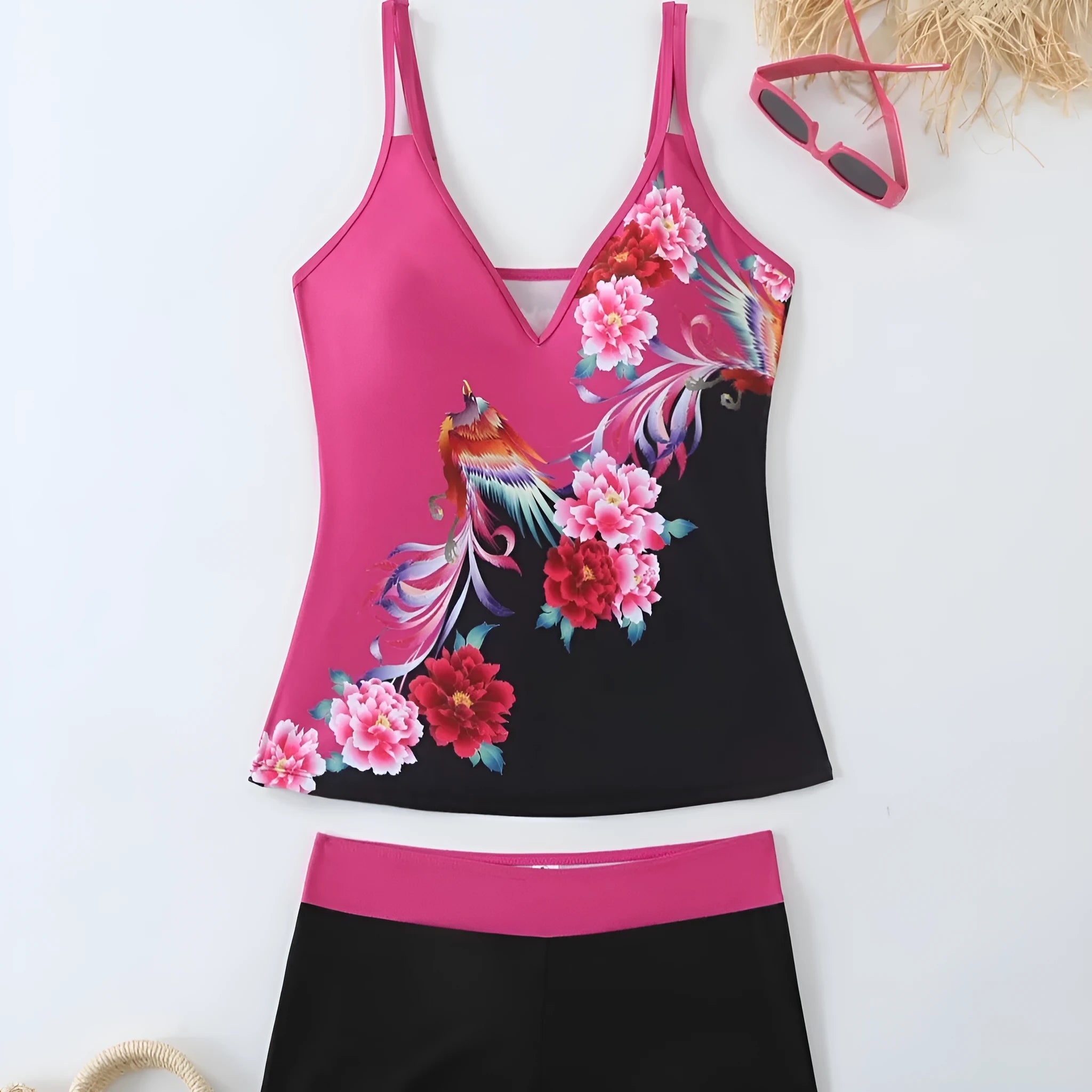 Women's plus size swimsuit set with matching swimming trunks in black or rose red printed design