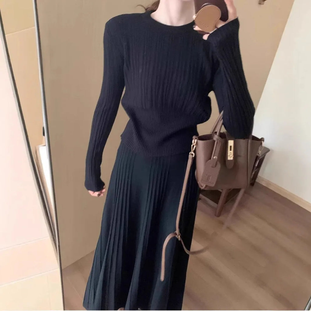 Dark grey ethnic style knitted dress suit with 3D pattern and collage stitching, two-piece set with sweater and skirt