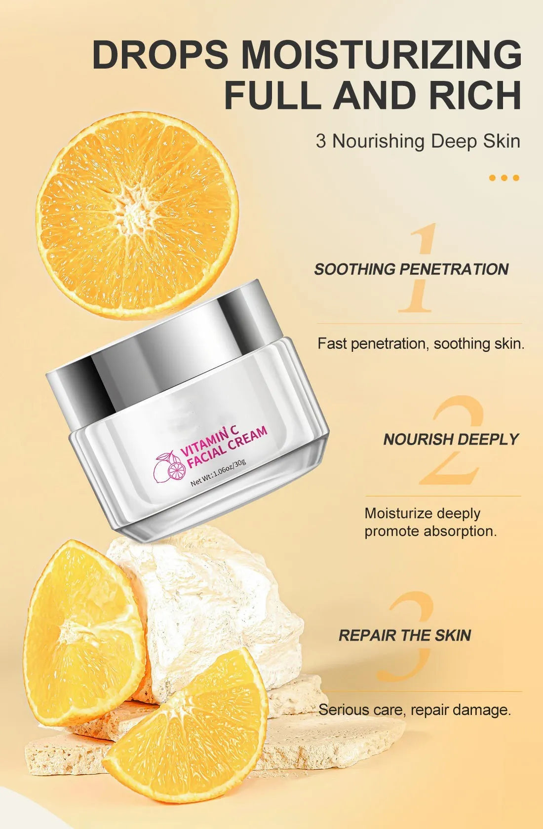 Vitamin C face cream in 6cm square jar with 30g content for facial skincare