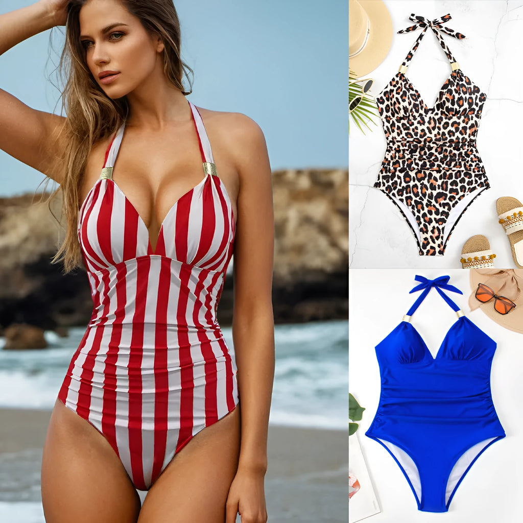 Women's one-piece swimsuit in leopard print showing front and back views