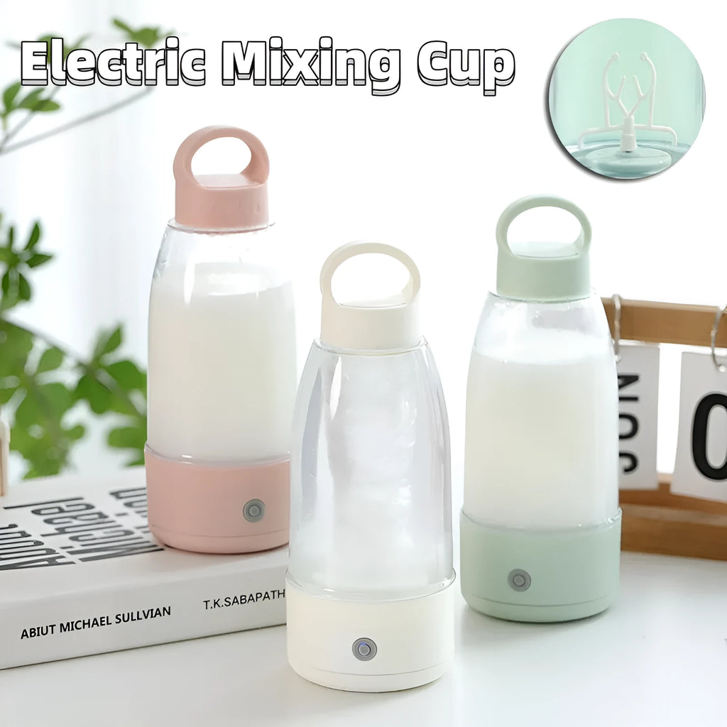 Automatic electric shaker bottle with USB charging port, handle, and blending button in green, pink, or white.