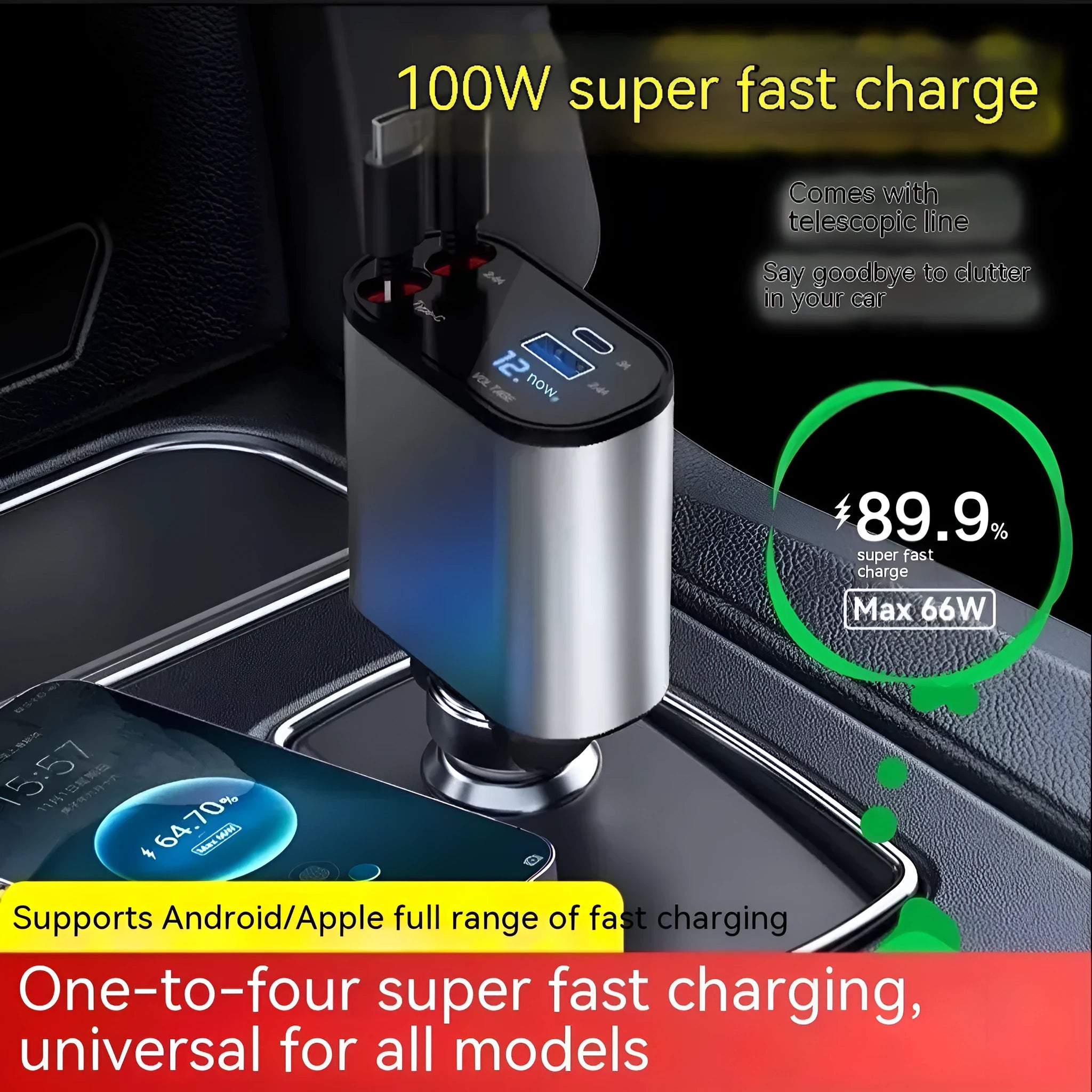 Automatic retractable car charger with 120W output showing retracted cable and cigarette lighter plug