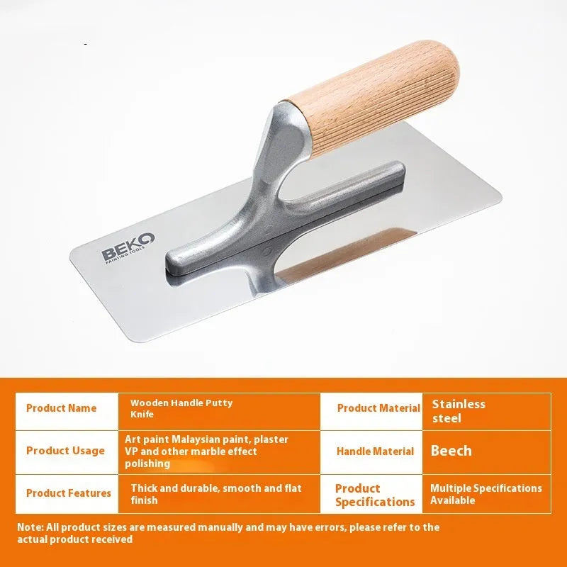 Stainless steel putty scraper with a wooden handle shown with different blade size options