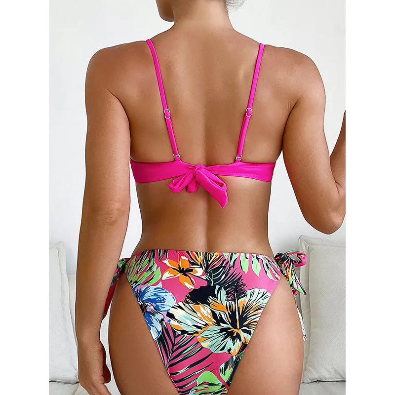 Rose red women's bikini swimsuit with braid rope detailing, suitable for swimming and water sports