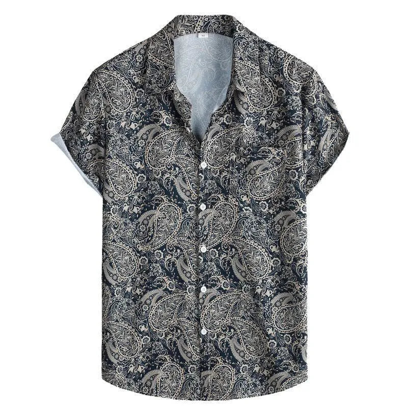 Man wearing a slim fit, short sleeve Hawaiian shirt with a digital print pattern in a cardigan style.