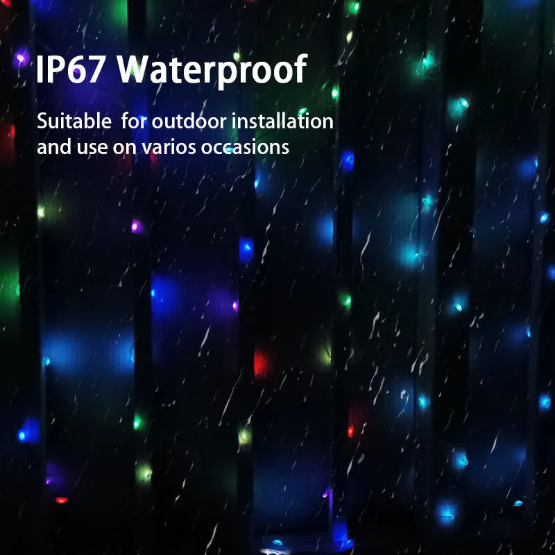 10 metre long multicolour LED party light string with 100 bulbs showing various flashing modes.