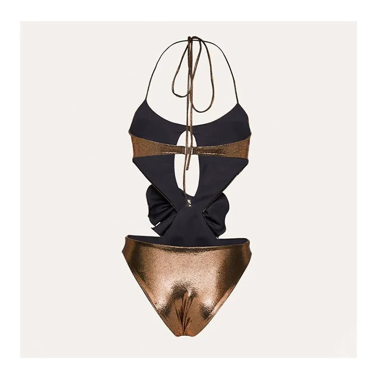 Gold handmade hollow-out halter neck one-piece swimsuit for swimming