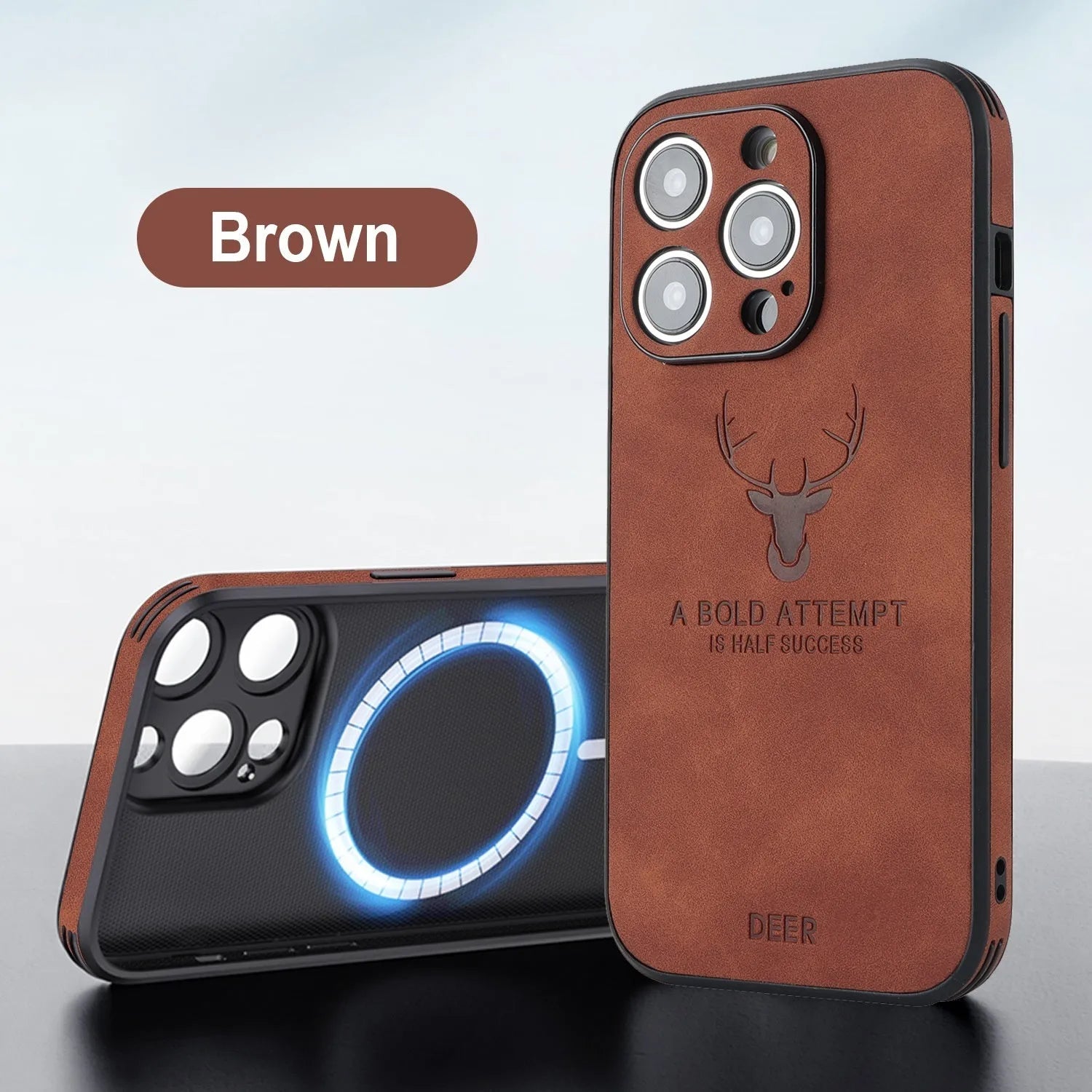 iPhone 16 magnetic charging case with embossed moose head design in imitation leather.
