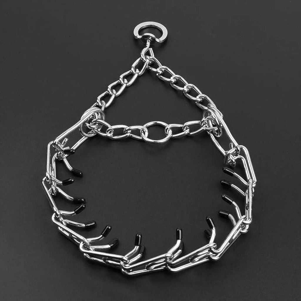 Stainless steel dog training pinch collar with adjustable links and rubber tips on prongs