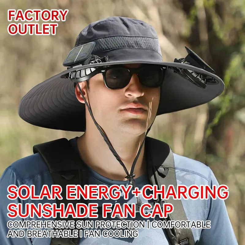 Men's beige solar-powered fan hat with cooling fan visible on the brim, for outdoor use.