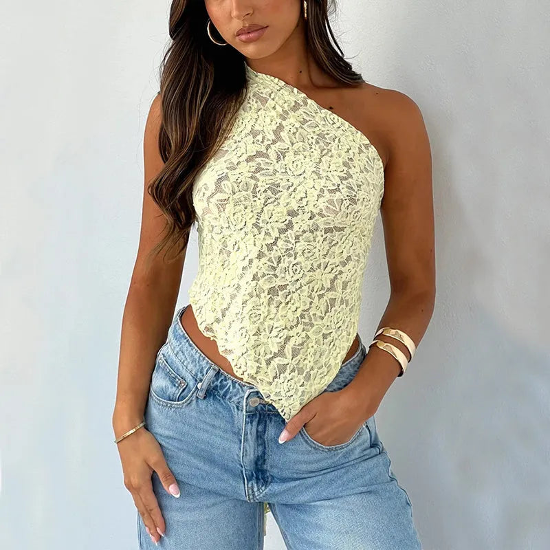 Women's sleeveless lace backless vest top with asymmetrical neckline in solid colour