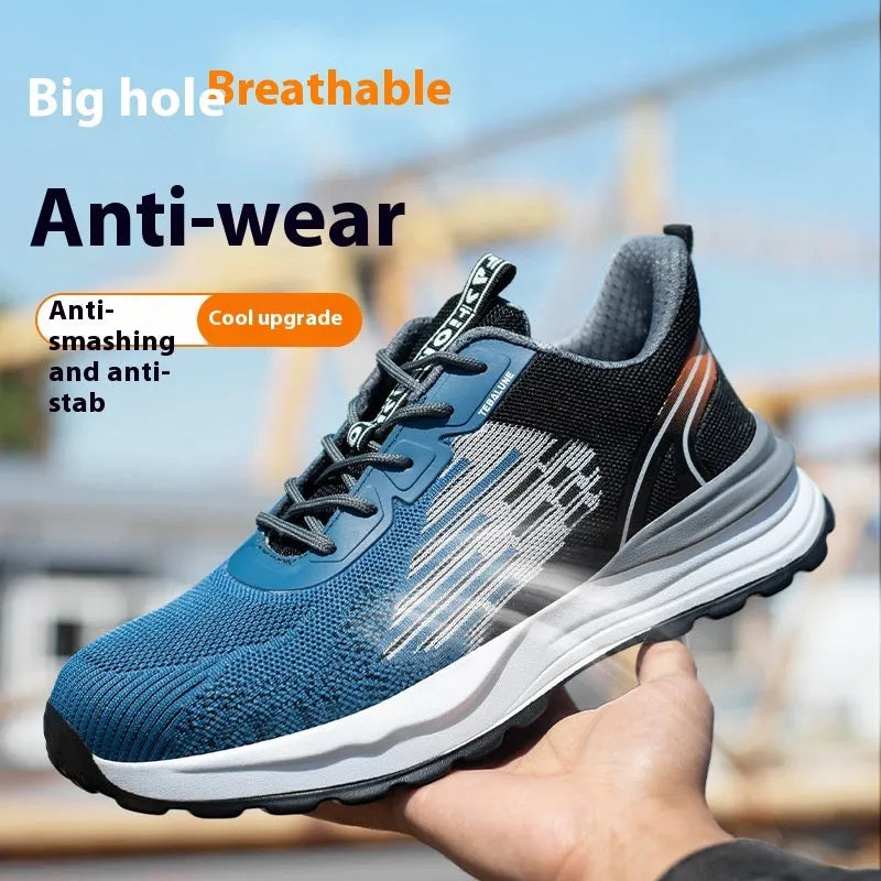 Blue men's lightweight safety work shoes with plastic toe cap and breathable mesh upper