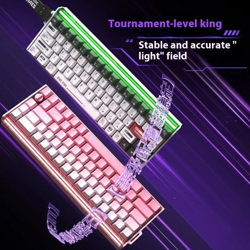 Boom68 compact mechanical gaming keyboard with RGB backlighting on a desk, showing its 68% layout and Gradient Pink colourway.