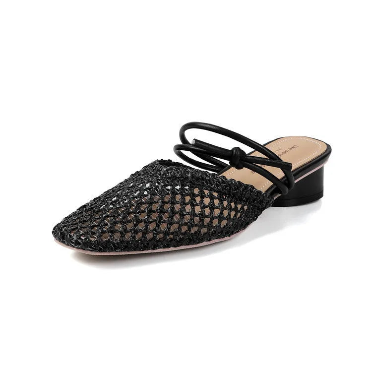 Women's square toe casual slippers with retro thick heel and hollow-out breathable design