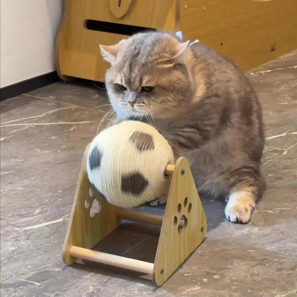 Football-style solid wood sisal cat scratch board vertical grounder on floor
