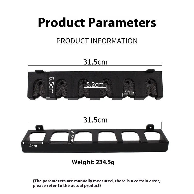 Black wall-mounted fishing rod holder stand in ABS plastic with self-tapping screws for upright or horizontal rod storage