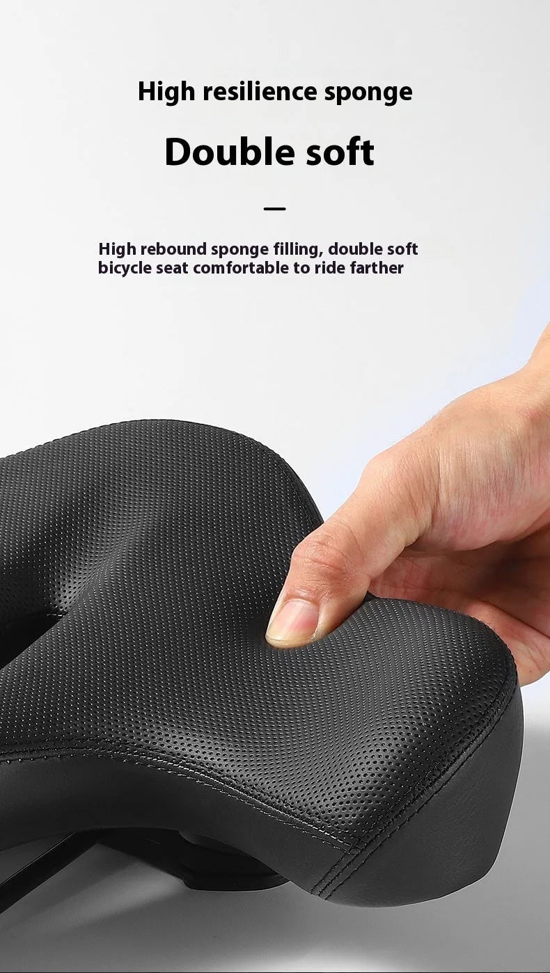 Black bicycle saddle cushion with leather exterior and thickened foam padding for shock absorption