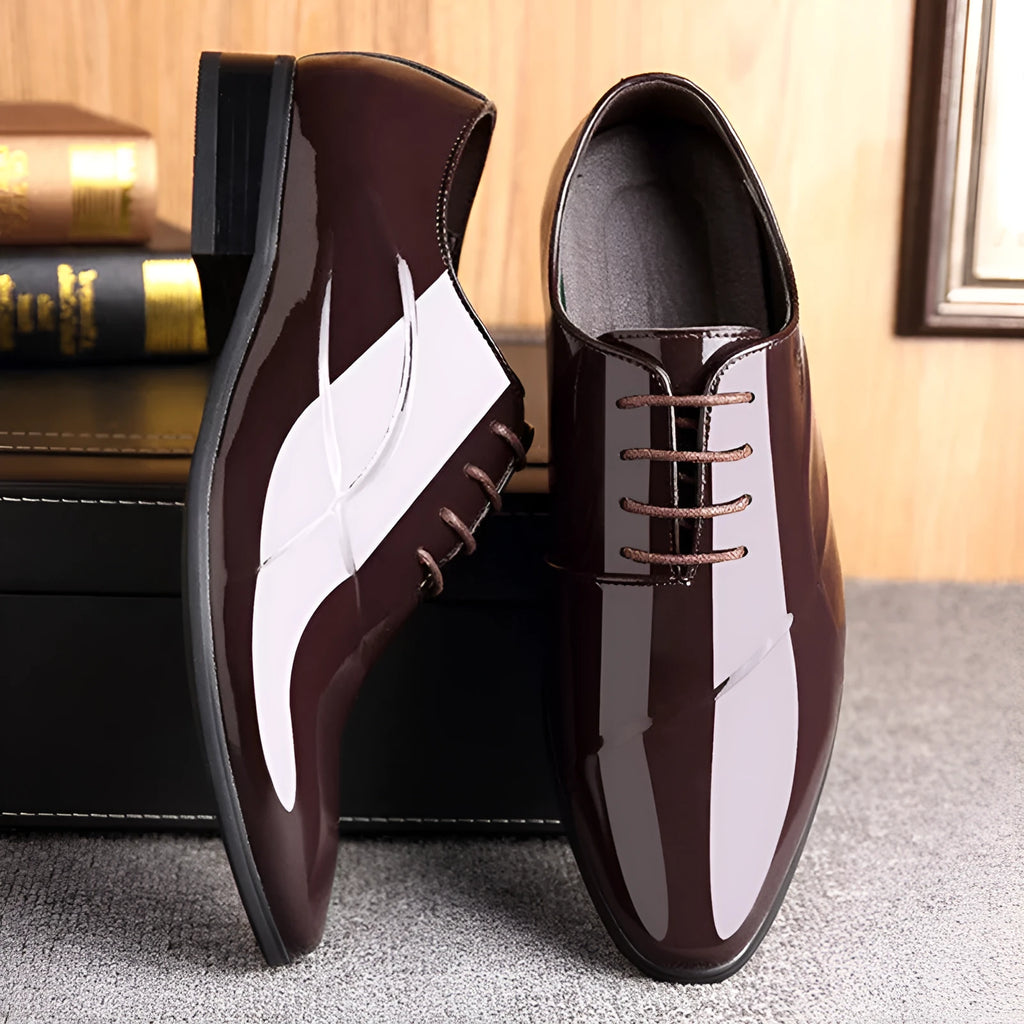 Men's black and brown business formal leather shoes with pointed toe and artificial PU upper