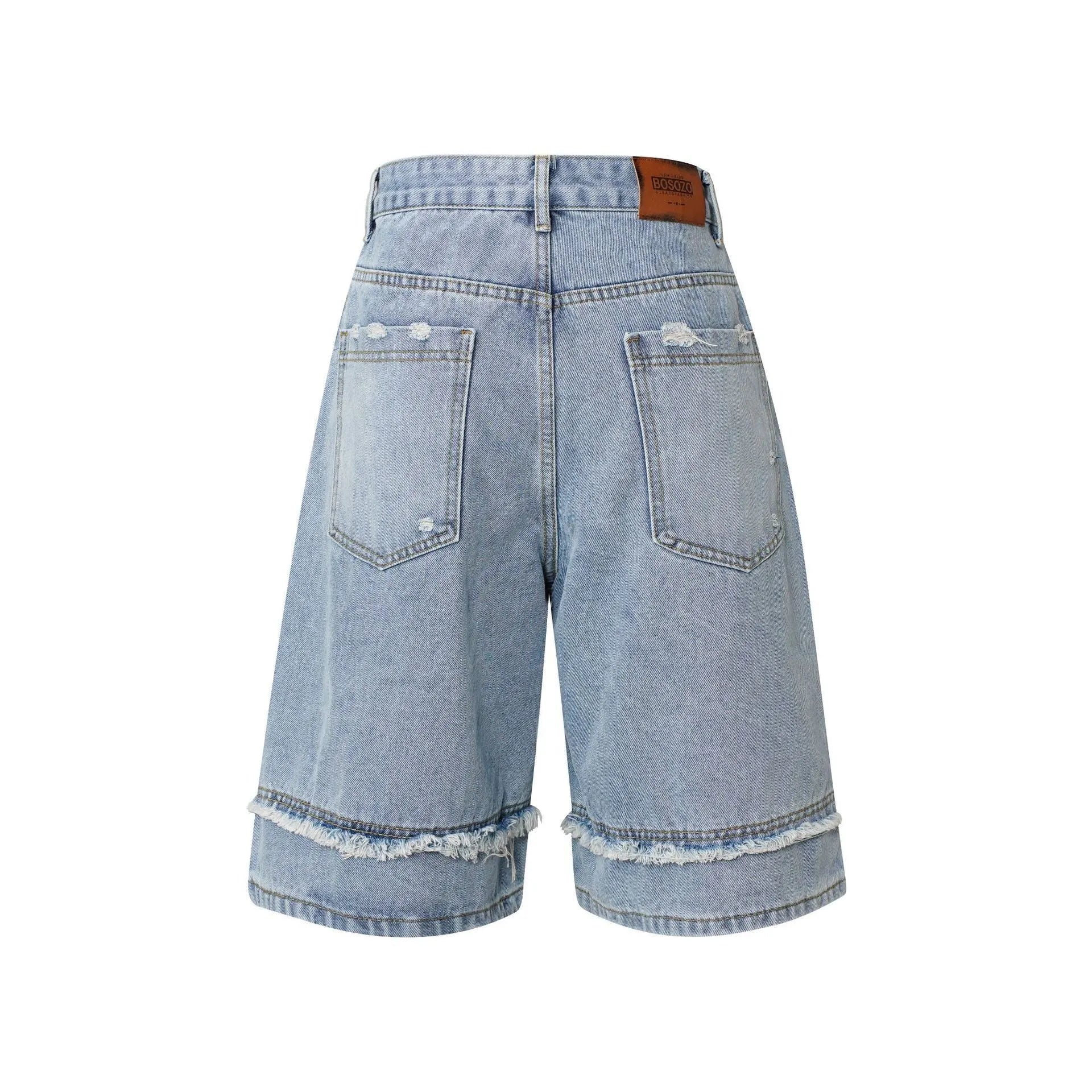 American Pu Shuai distressed raw edge denim shorts in light blue, straight cut cropped style.