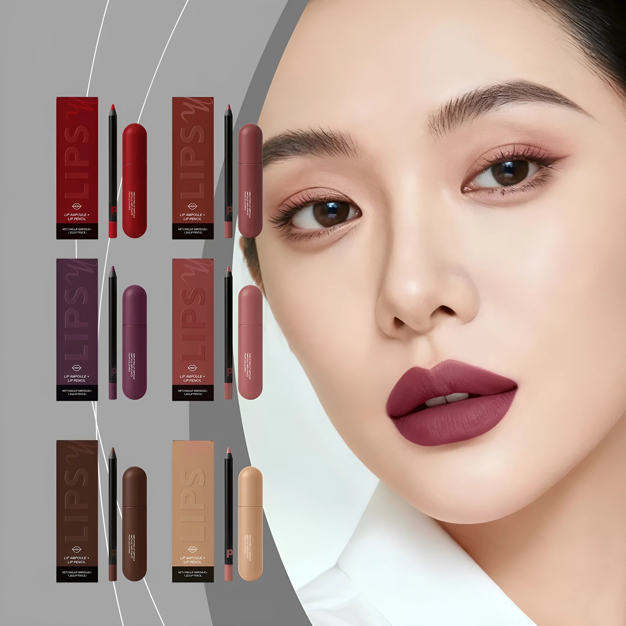 Moisturising lip gloss and lip liner set 15ml with six colour options including caramel cotton and classic red