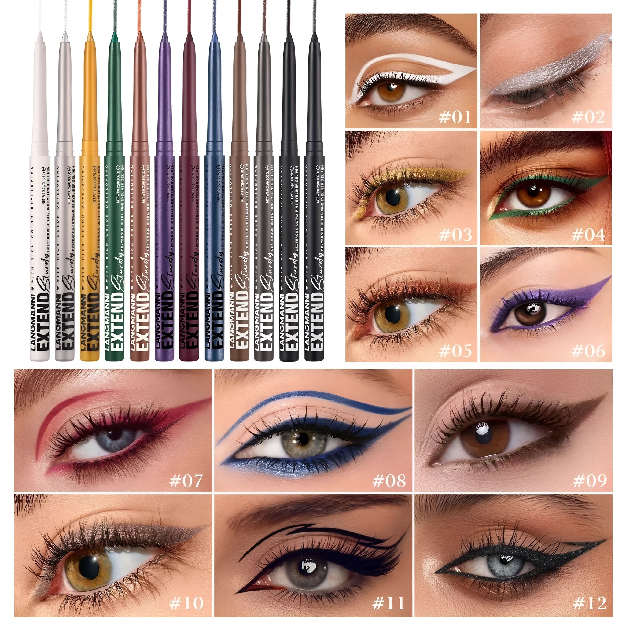 12 colourful gel glitter eyeliner pencils in vibrant shades for waterproof party Halloween cosplay makeup