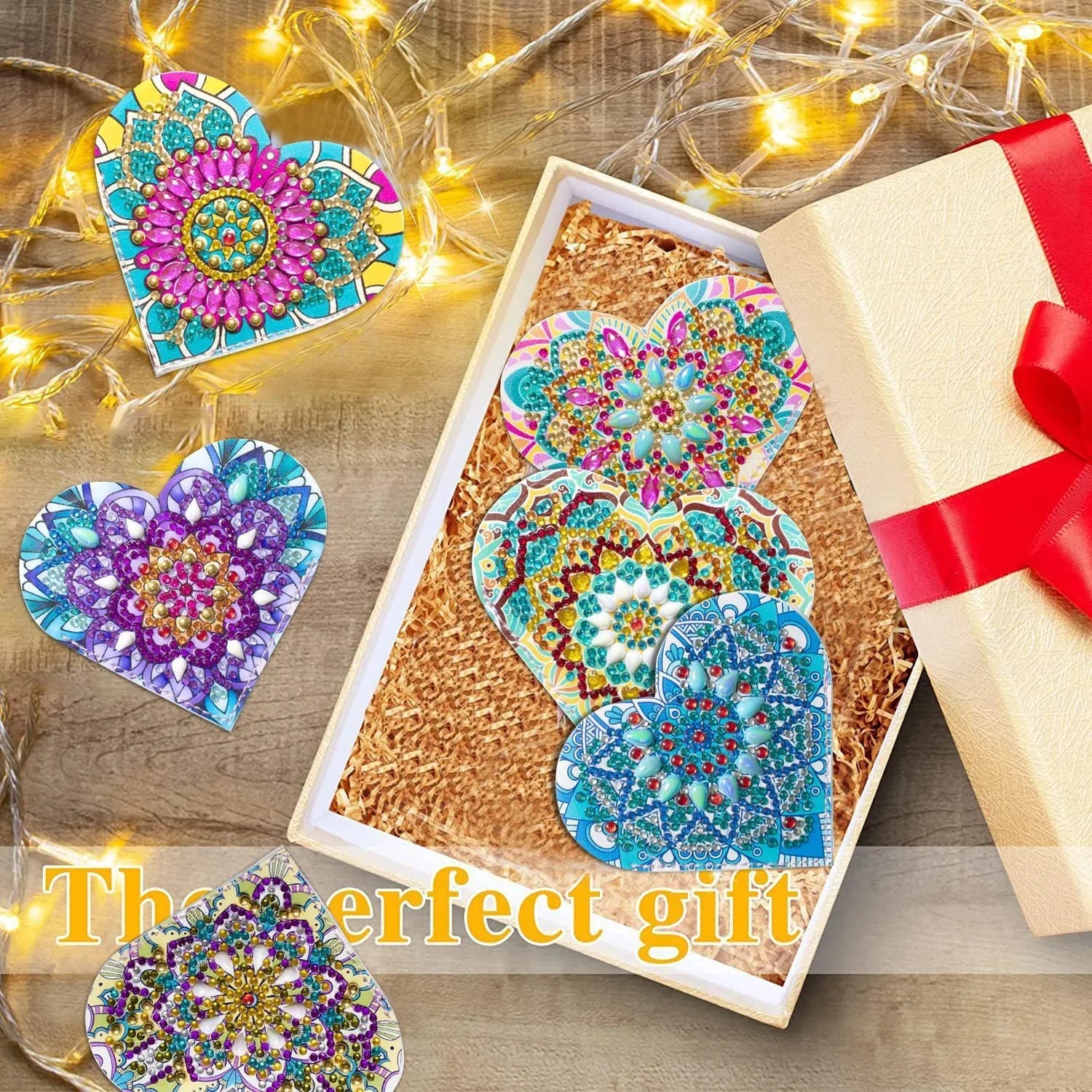 Six PU leather handmade bookmarks with stick-on crystal flower cornerite designs