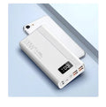Black and white large capacity power bank with fast charging support measuring 150mm x 76mm